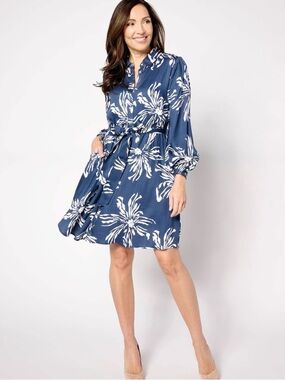 Destination 365 Printed Shirtdress with Self-Belt - Navy - XLP - Never Worn!